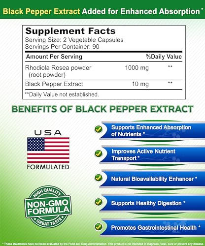 aSquared Nutrition Rhodiola Rosea Max Strength with Black Pepper Supplement - 180 Capsules - Max Absorption Powder Pills - Golden Root Herb for Stress Relief, Mood, Pure Focus & Energy - 500mg Per Cap