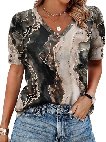 Image of OFEEFAN Womens Tops Short Sleeve Shirts Buttons V Neck Spring Fashion Summer Outfits Plus Size Blouses Dressy Casual