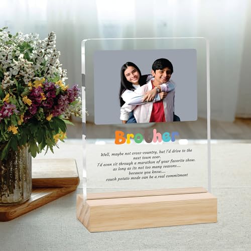 Image of Giftplease Customized Photo And Text Frame With Wooden Stand | Personalised Printed Photo Frame | Gift For Brother | Birthday | (Transparent, 5MM, 6 * 8 Inches), Tabletop BG 04
