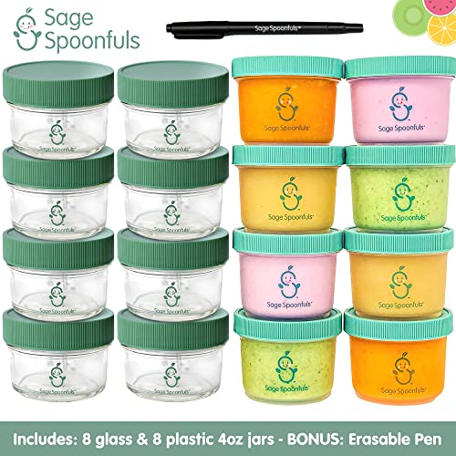 Sage Spoonfuls Baby Food Containers, 16-Pack, 4 Ounce Reusable Baby Food Jars With Airtight Lids, 8 Plastic & 8 Glass Baby Food Jars, Leakproof, Dishwasher Safe, Freezer & Microwave Safe, Bpa Free #TOP2