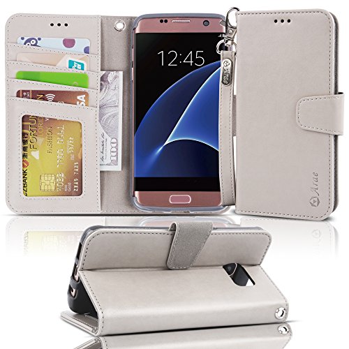Galaxy s7 edge Case, Arae [Wrist Strap] Flip Folio [Kickstand Feature] PU leather wallet case with ID&Credit Card Pockets For Samsung Galaxy S7 edge (not for S7) beige-grey