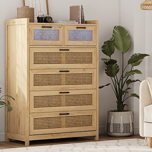 Aogllati Dresser For Bedroom With Led Light, Natural Rattan 6 Drawer Dressers, Dressers & Chests Of Drawers, Bedroom Closet Wood Tall Dresser For Bedroom, Hallway, Entryway #TOP2
