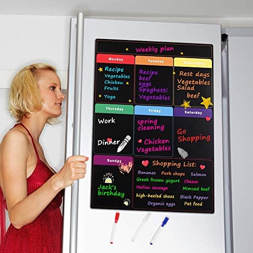 MoKo Magnetic Dry Erase Weekly Calendar with 8 Markers, 16"x12" Dry Erase Weekly Meal Planner Reusable Weekly Chalkboard Magnetic Menu Board for Fridge Grocery Shopping List for Refrigerator - Black