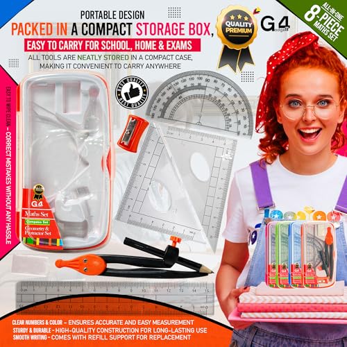 G4GADGET 8-Piece Maths Geometry Set – Compass & Protractor Set with Clear Pencil Case | School Stationery Set for Students | Ruler Set, Protractor, Triangles, Eraser & Sharpener | Math Equipment - Image 6
