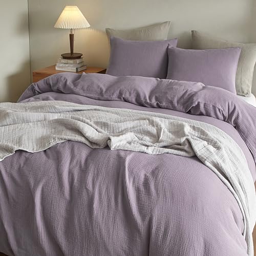 SE SOFTEXLY Muslin Duvet Cover Queen Size, 100% Washed Cotton Duvet Cover Set, Ultra Soft Comforter Cover Linen Like, 3 Pieces Minimalist Gauze Duvet Cover with 2 Pillowcases, 90"x90", Purple Grey