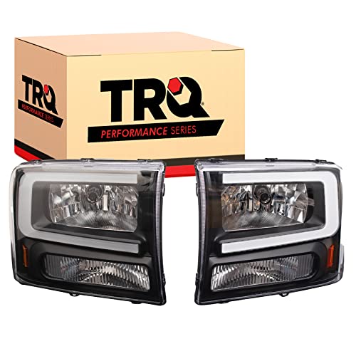 Image of TRQ 2 Piece Headlight Assembly Set Performance Halogen LED C Light Bar Black Bezel Driver & Passenger Side Compatible with Ford Excursion 2000-2004 F250 F350 Super Duty 1999-2004 FO2502147 FO2503147