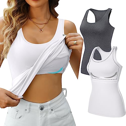 Image of V FOR CITY Womens Unpadded Shelf Bra Tank Tops Racerback Workout Camis Yoga Shirt Cotton Undershirt 2 Pack