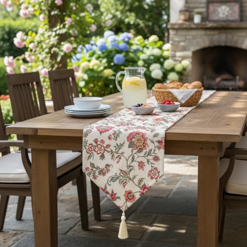 Image of COZY FURNISH Luxury Floral Table Runner for Dining Table - Soft Microfiber Cotton Table Runner with Tassels | Decorative Runner for Kitchen & Centre Table