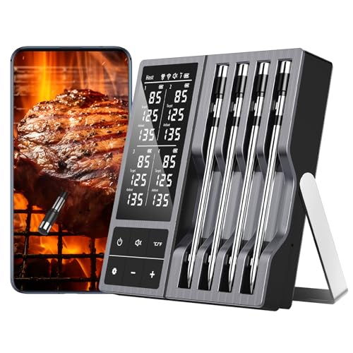 Wireless Meat Thermometer with Smart Timer & APP Alerts, 800ft Bluetooth Grill Food Thermometer, 4 X 0.19In Ultra Thin Probes, ±0.5℉ Accuracy, Big Digital Backlit Screen, for BBQ, Oven, Smoker