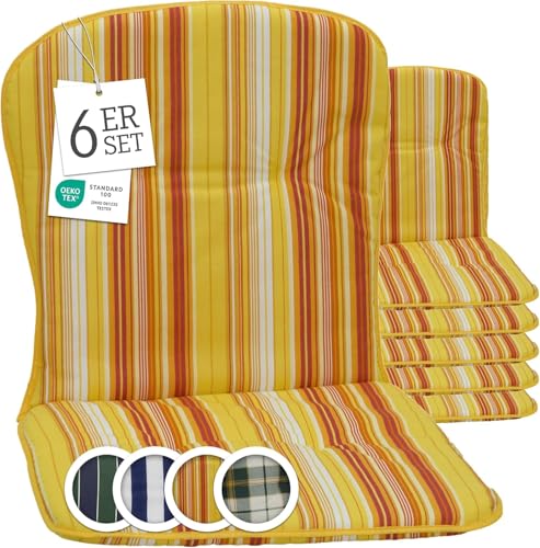 Beo Gartenstuhl-Auflagen Kos Niedriglehner 80x44 cm, 6er Set | Waschbare, UV-beständige Sitz-Kissen | Atmungsaktive Polster-Auflagen nach Öko-Tex Standard | Gelb-Orange gestreift | Made in EU