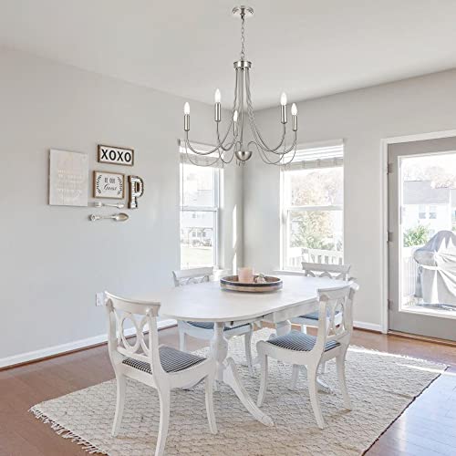 Melucee 5-Light Brushed Nickel Chandelier Farmhouse Candelabra Style, Modern Pendant Lighting Fixtures Ceiling Hanging French Country Chandelier For Living Room Kitchen Island Foyer #TOP1