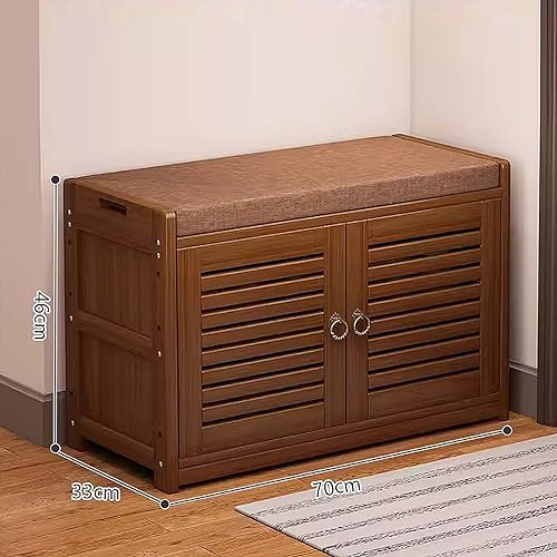 Banc à chaussures entrée bambou avec portes et étagère de rangement fermée - 3