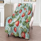 ICAAV Strawberry Floral Flannel Blanket 50x60in,Red Berries and White Flowers on Blue,Soft Lightweight Throw for Girls,Women,Kids,Home Decor or Spring Summer Gifts Blankets
