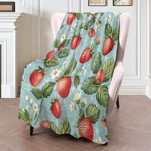 ICAAV Strawberry Floral Flannel Blanket 50x60in,Red Berries and White Flowers on Blue,Soft Lightweight Throw for Girls,Women,Kids,Home Decor or Spring Summer Gifts Blankets