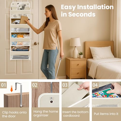Andahoom Over the Door Organizer with 4 Side Mesh Pockets, 4 Shelf Capacity Hanging Behind the Door Kitchen Organizers and Storage Suitable for Storing Toys, Shoes, Towels, Lvoy White, 4 Shelf by Andahoom - Image 5
