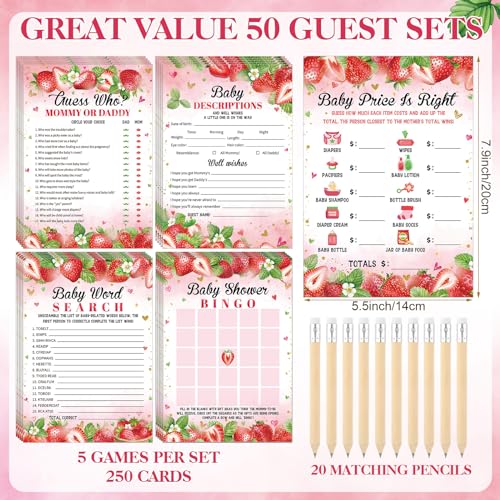 Image of Patelai 321 Pcs Strawberry Baby Shower Decorations, 5 Set Cards Pencils Clothespins