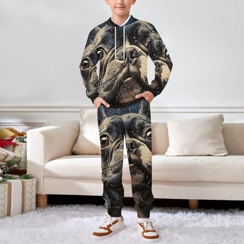 Boy's Girl's 2 Piece Outfits Graphic Sweatshirt Kid Long Sleeve Hoodie Set, French Bulldog Galaxy Universe3