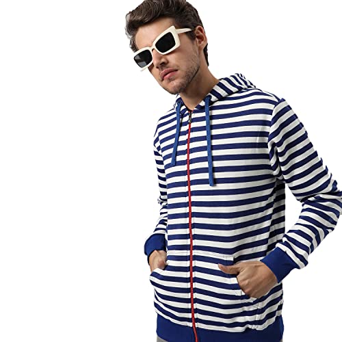 Image of CAHOOT Men's Dark Blue Zip-Front Hoodie with Contrast Drawstring for Casual Wear | Long Sleeve | Hooded Neck | Zipper Closure | Cotton Sweatshirt Crafted with Comfort Fit for Everyday Wear
