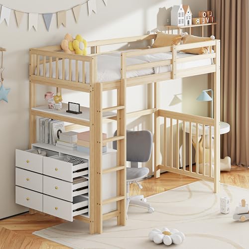 Oxtao Letto a castello 90 x 200 cm, con scala verticale di sicurezza, 6 cassetti e ripiani, design a recinzione, rete a doghe, letto singolo in legno, per ragazzi e ragazze (colore legno, 90 x 200 cm)