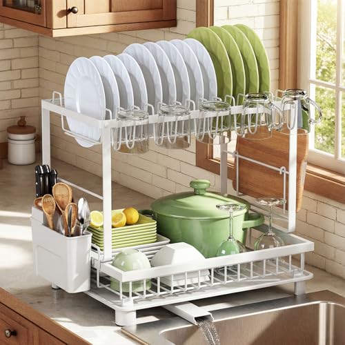 Image of Multifunctional Dish Drying Rack - Rustproof, 2-Tier Dish Racks with Drainboard, Space-Saving Design, Utensil & Cup Holder for Kitchen Counter, White