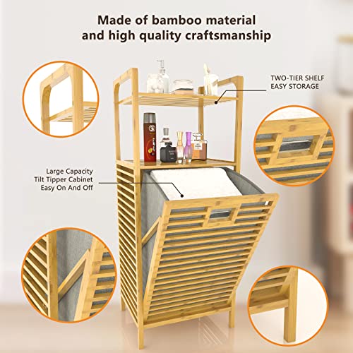 Bamboo Laundry Hamper Basket With Liner Bag Storage - Clothes Hamper With Handles 2-Tier Shelves Space Saving Laundry Room Shelves For Bathroom Living Room Bedroom Decorate #TOP2