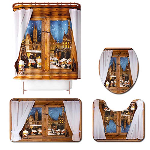 Claean-Acces-Home Badematten Set Weihnachtsbadematte Und Duschvorhang Set Toilettenteppich rutschfeste Badezimmer…