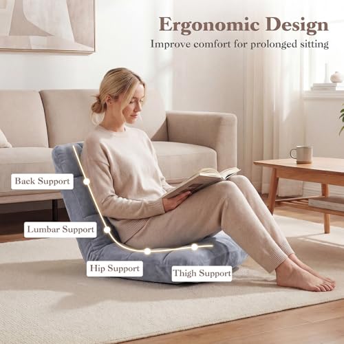 Image of Giantex Folding Floor Chair with Back Support, 14 Adjustable Position, Padded Sleeper Bed, Couch Recliner, Gaming Video Chairs for Adults, Meditation, Living Room (Gray)