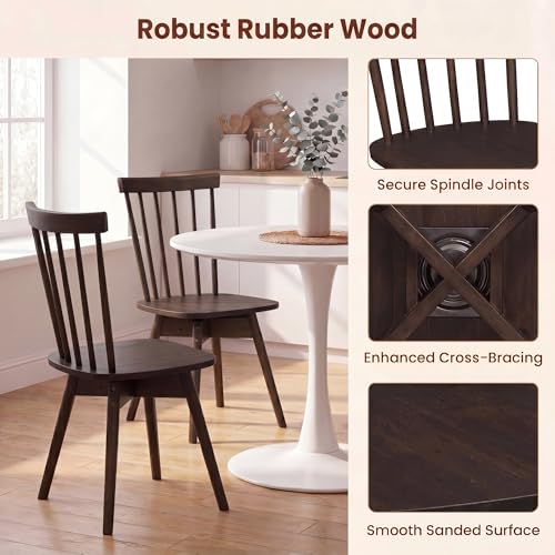 Image of COSTWAY Swivel Windsor Dining Chairs Set of 2, Farmhouse Solid Rubber Wood Kitchen Side Chair w /Curved Spindle Back, Armless Accent Chairs for Home, Dining Room, Living Room, Restaurant (Walnut)