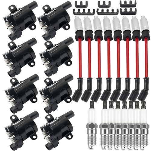 UF262 Ignition Coils Pack & 41962 Double Iridium Spark Plugs & 10MM Spark Plug Wires for Chevy Avalanche Express Tahoe Silverado Suburban 1500 HD GMC Savana Sierra Yukon HUMMER H2 OEM# D585 C1251
