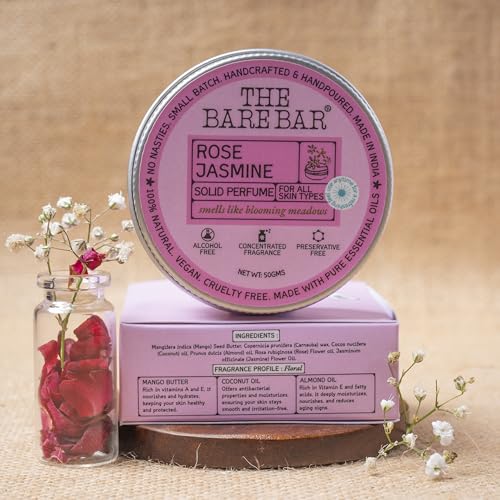 Image of The Bare Bar Rose Jasmine Solid Perfume - 50gm | Floral Fragrance| Odor & Sweat Control | Natural formula and Chemical free| Good for all skin types | Travel Mini Size Solid Perfume for Men & Women