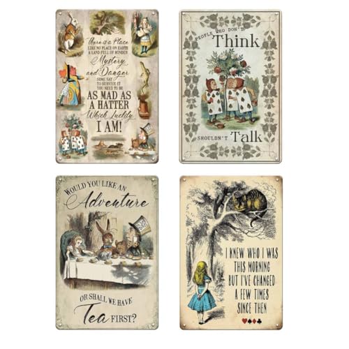 Alice in Wonderland Gifts Decorations Metal Tin Signs, 4Pcs Vintage Retro Room Decor Metal Poster Tea Party Decor, Gifts for Girls for kitchen Bedroom, 12x8 inches