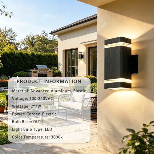 Image of JYV Outdoor Wall Lights, Square Up and Down LED Porch Lights, Black | Waterproof Exterior Lighting Fixtures, 2x7W 3000K Bulbs, Outdoor Lights for House Porch Garage Patio