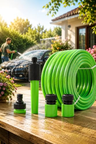 Mangueira de Jardim Flexível 25 Metros 1/2 com Kit de Conectores e Esguicho, Mangueira PVC para Irrigação, Quintal, Jardim, Limpeza de Áreas Externas e Lavagem de Carro