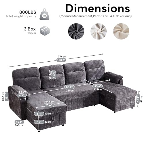 Tbfit 108'' Pull Out Sofa, Cloud Sleeper Sofa Bed with USB & 2 Storage Chaises, Comfy Oersized U Shaped Convertible Sectional Sleeper Couches for Living Room, Apartment, Office, Dark Gray — view 2