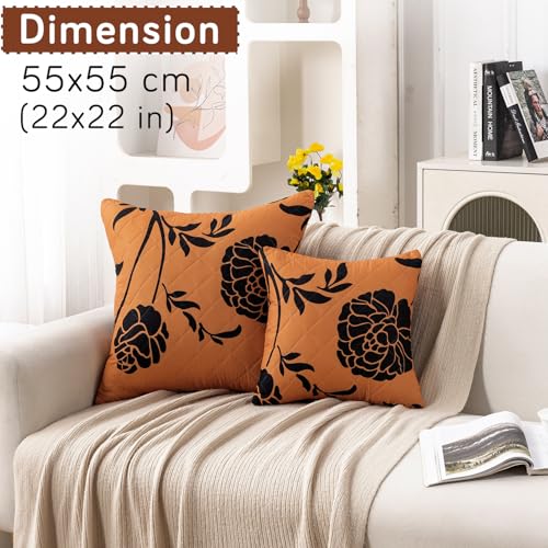 Image of HOKIPO 'Elira Series' Printed Quilted Cushion Cover for Sofa 22x22 Inches, Set of 2, Copper Brown Floral (AR-6232-C8*2)