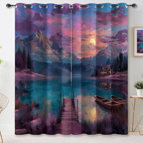 Rideaux Occultants à Œillets avec Rêve Paysage Coucher Soleil Pont en Bois lac Montagnes Imprimé, Coloré 2 Panneaux de L117×H230 cm, Rideaux Thermiques...
