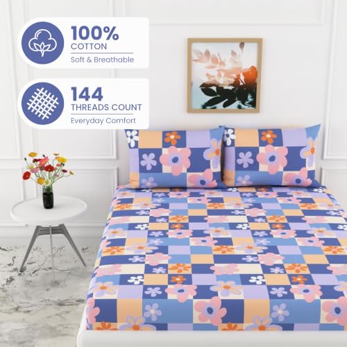 Image of LORETO - A QUALITY LINEN BRAND 144 TC 100% Pure Cotton Double /Queen Fitted Bedsheet with 2 Pillow Covers for 72 x 60 Inch Mattress, All-Around Elastic, 8 Inch Deep Pocket, Pastel Floral Checkered