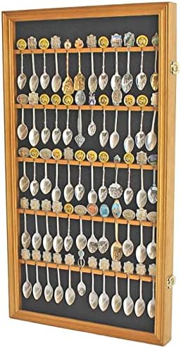 60 Souvenir Spoon Tea Spoon Display Case Rack Holder Wall Cabinet Solid Wood Frame with UV Protection Lockable Door (Oak Finish)