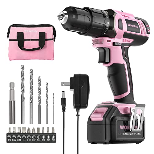 WORKPRO Pink Cordless 20V Lithium-ion Drill Driver Set, 1 Battery, Charger and Storage Bag Included - Pink Ribbon by WORKPRO - Used condition - US$47.72