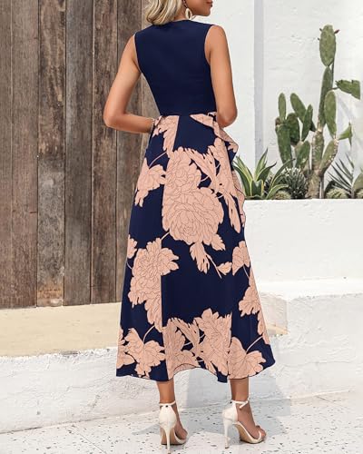 BTFBM Summer Dresses for Women 2026 Casual Spring Floral Sleeveless Ruffle Boho Cocktail Wedding Guest Party Midi Dress(Pink Floral Navy, Medium)