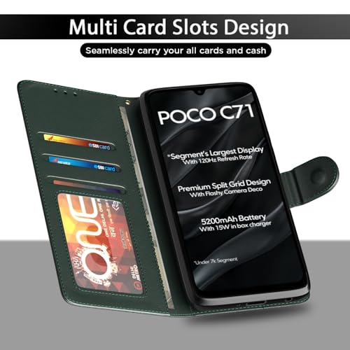 Image of Amazon Basics Flip Cover for Poco C71 / Redmi A5 Leather Finish | Wallet Stand and Shock Proof | Inside TPU with Card Pockets | Complete Protection Flip Case(Green)