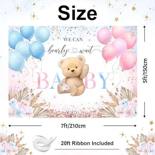 Image of Avezano Boho Bear Gender Reveal Backdrop Banner Boho Floral We Can Bearly Wait Gender Reveal Decorations Pampas Grass He or She Baby Shower Party Decor (7x5ft)