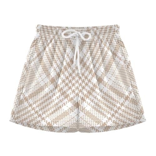 Boy Swim Shorts Youth Lightweight Workout Shorts Compression Liner Buffalo Plaid Check Tartan Scotland Beige