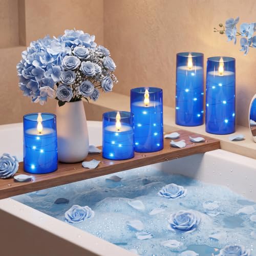 Image of Homemory Flickering Flameless Candles, Blue LED Pillar Candles with Remote