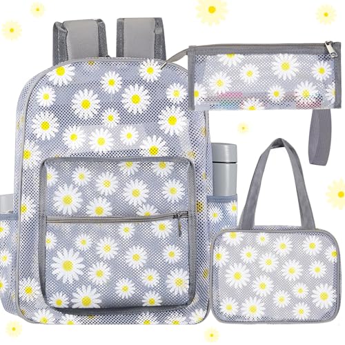 Image of Silkfly 3 Pcs Mesh Backpack Set, Heavy Duty Semi-transparent Bookbag with Lunch Bag Pencil Case for Travel, Beach, Sports