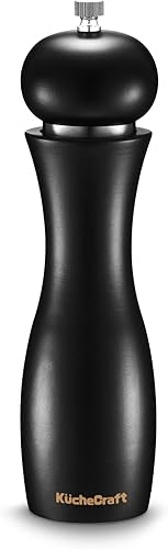 KucheCraft Molinillo de pimienta de madera recargable, molinillo de pimienta de madera de haya de alta calidad con molinillo de cerámica ajustable,