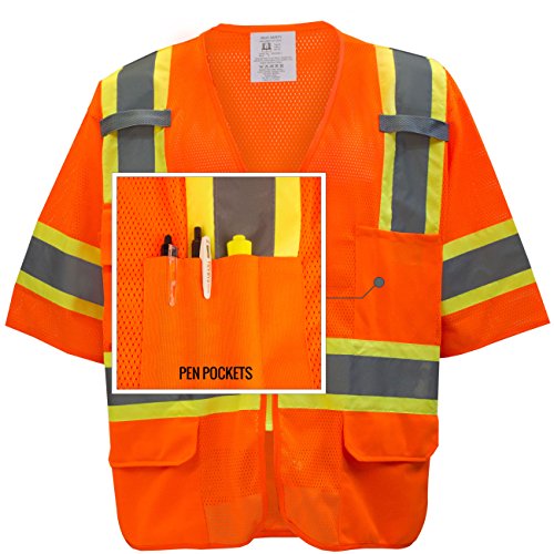 New York Hi-Viz Workwear RK-Safety MV7811 Class 3 Two Tones High Visibility Reflective Strips Breathable Ployester Mesh Vest W/Pockets | ANSI ISEA 107-2015 Certified (3XL, Orange) - Thumbnail 4