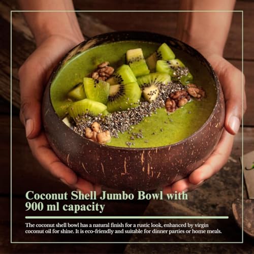 Image of Thenga Jumbo Coconut Shell Bowl - 900 ML | Eco-Friendly Handmade Dish with Coconut Wood Spoon for Smoothie, Salad, Breakfast & More | Natural Artisan Tableware - 20 Bowl + 20 Spoon