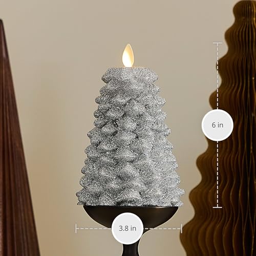 Image of Luminara Brilliant Silver Glitter Flameless LED Candle North Tree Moving Flame Pillar (3.8 inch x 6 inch)
