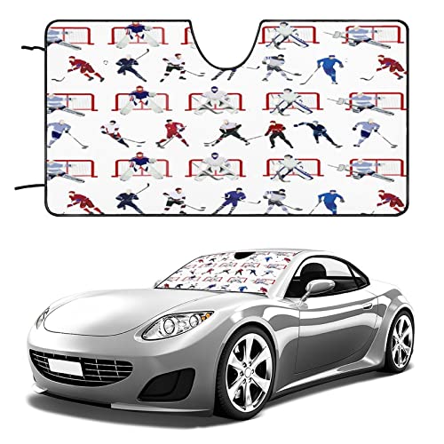 Abstract Ice Hockey Kids Sports Theme Car Sun Shade Windshield Cartoon Hand Painted Hockey Players for Most Vehicles 55L x 30W Inch